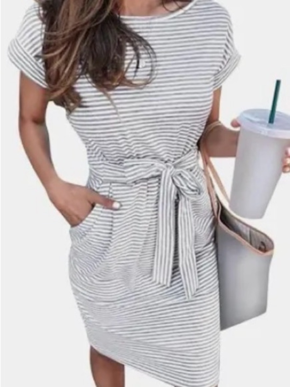 Casual Striped Tie-Waist Dress - White and Gray